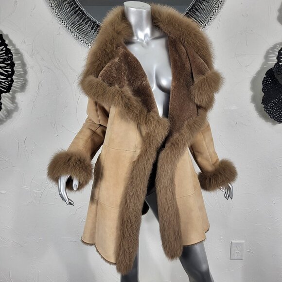 LUOLAIMA~S/M~BROWN GENUINE SHEARLING REAL FOX FUR SUEDE LEATHER COAT JACKET - Picture 4 of 16